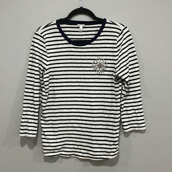 J.crew Navy And White Stripe Beaded Embellished Top Size Medium - Picture 1 of 4
